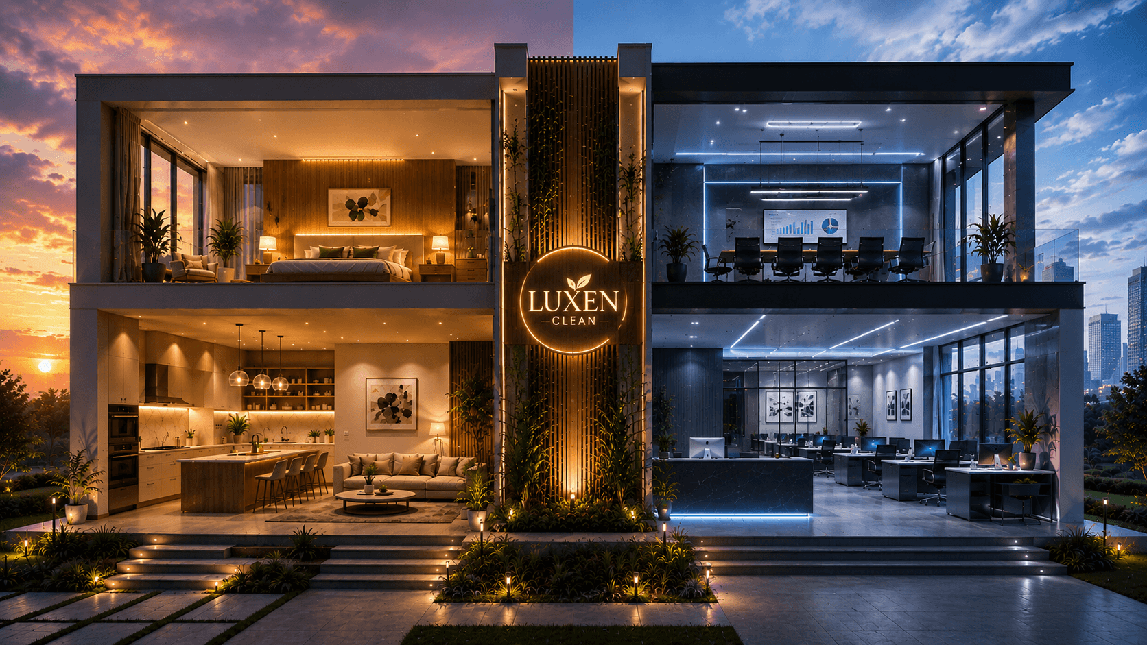 Luxury residential and commercial interiors presented side by side