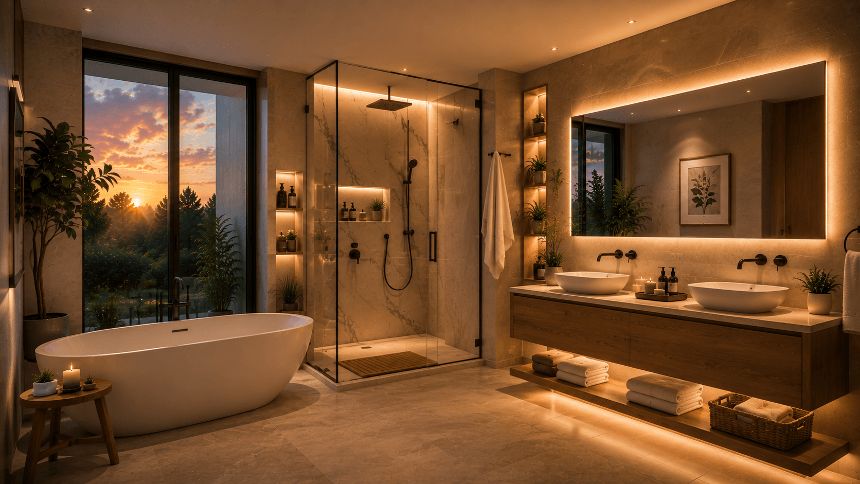 Bathroom with glass shower, bathtub and double vanity