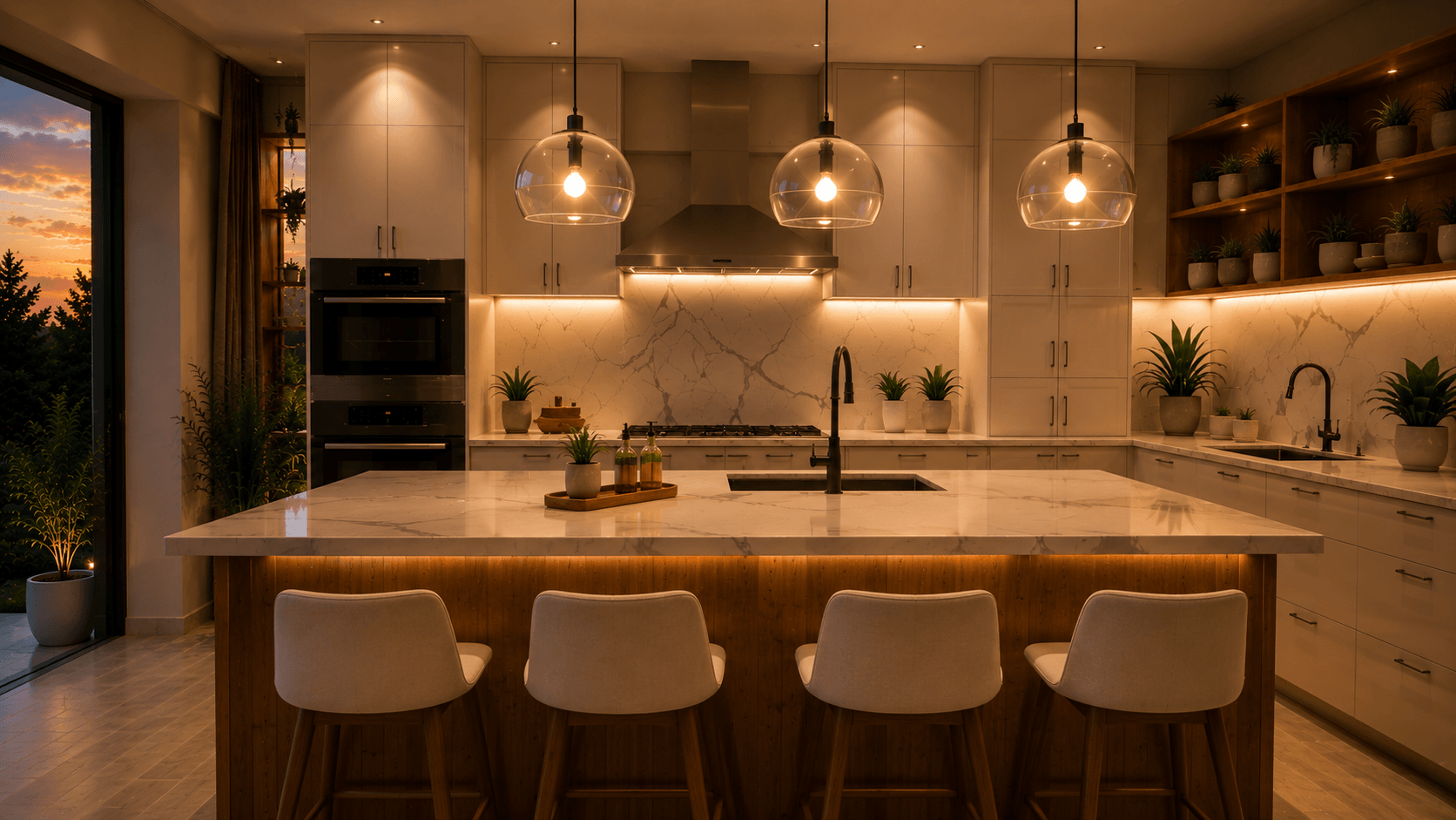 A warmly lit kitchen with stone surfaces, cabinetry and appliances