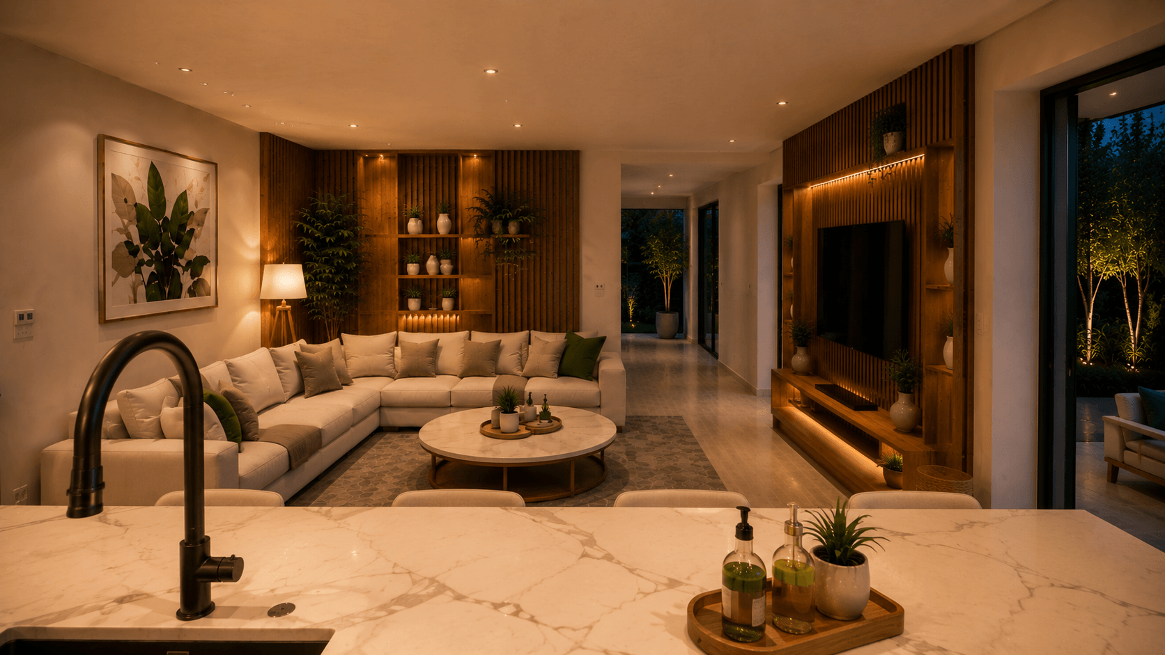 Living room with sofa, coffee table and wood shelving